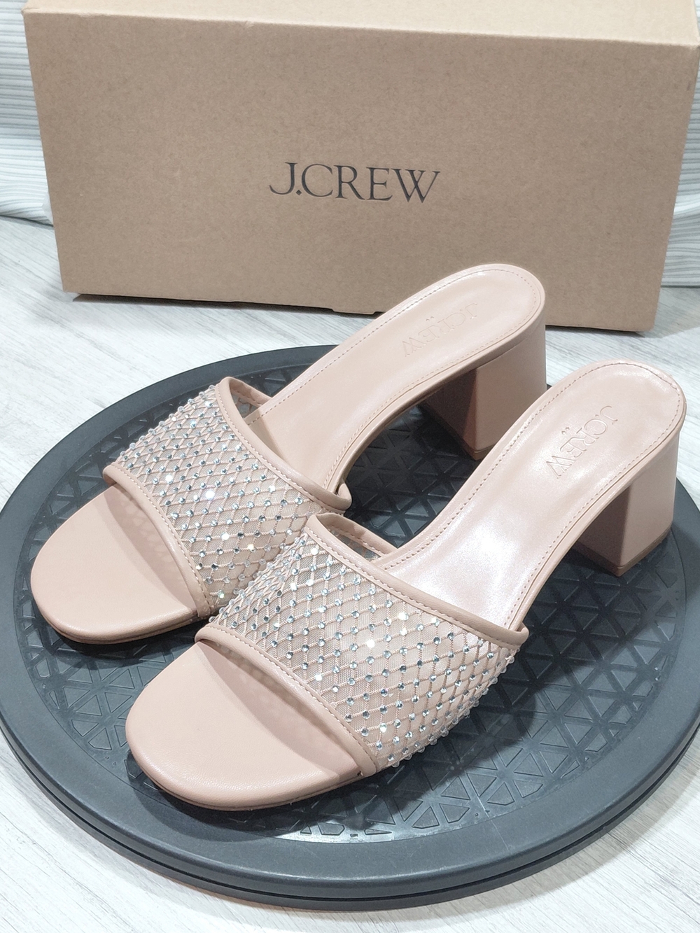 NEW J.Crew Rhinestone Mesh Mule Block Heel Sandal Nude Rhinestone Colorway W8.5